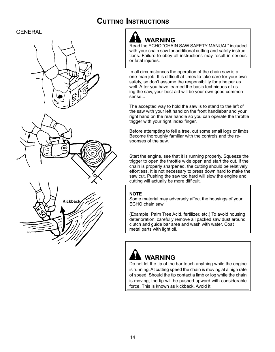 Cutting instructions, Warning | Echo CS-341 User Manual | Page 14 / 32