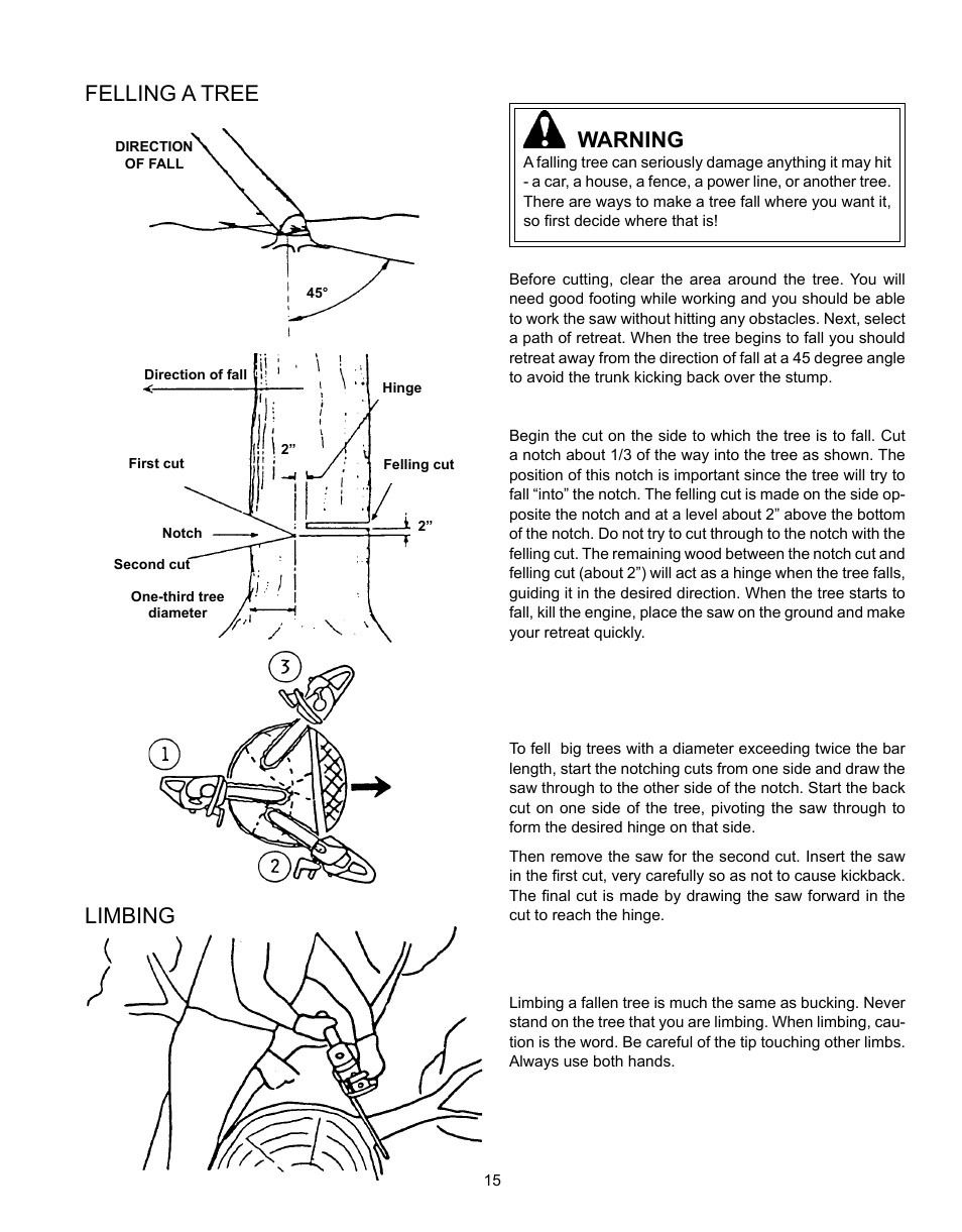 Warning, Felling a tree, Limbing | Echo CS-341 User Manual | Page 15 / 32