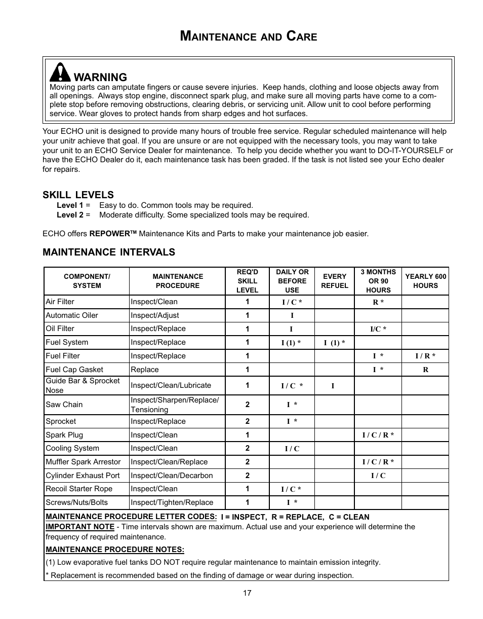 Maintenance and care, Warning, Aintenance | Skill, Levels, Maintenance, Intervals | Echo CS-341 User Manual | Page 17 / 32