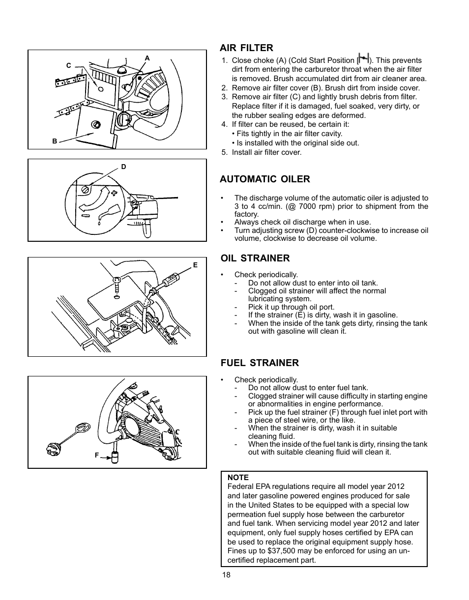 Air filter, Automatic oiler, Oil strainer | Fuel strainer | Echo CS-341 User Manual | Page 18 / 32