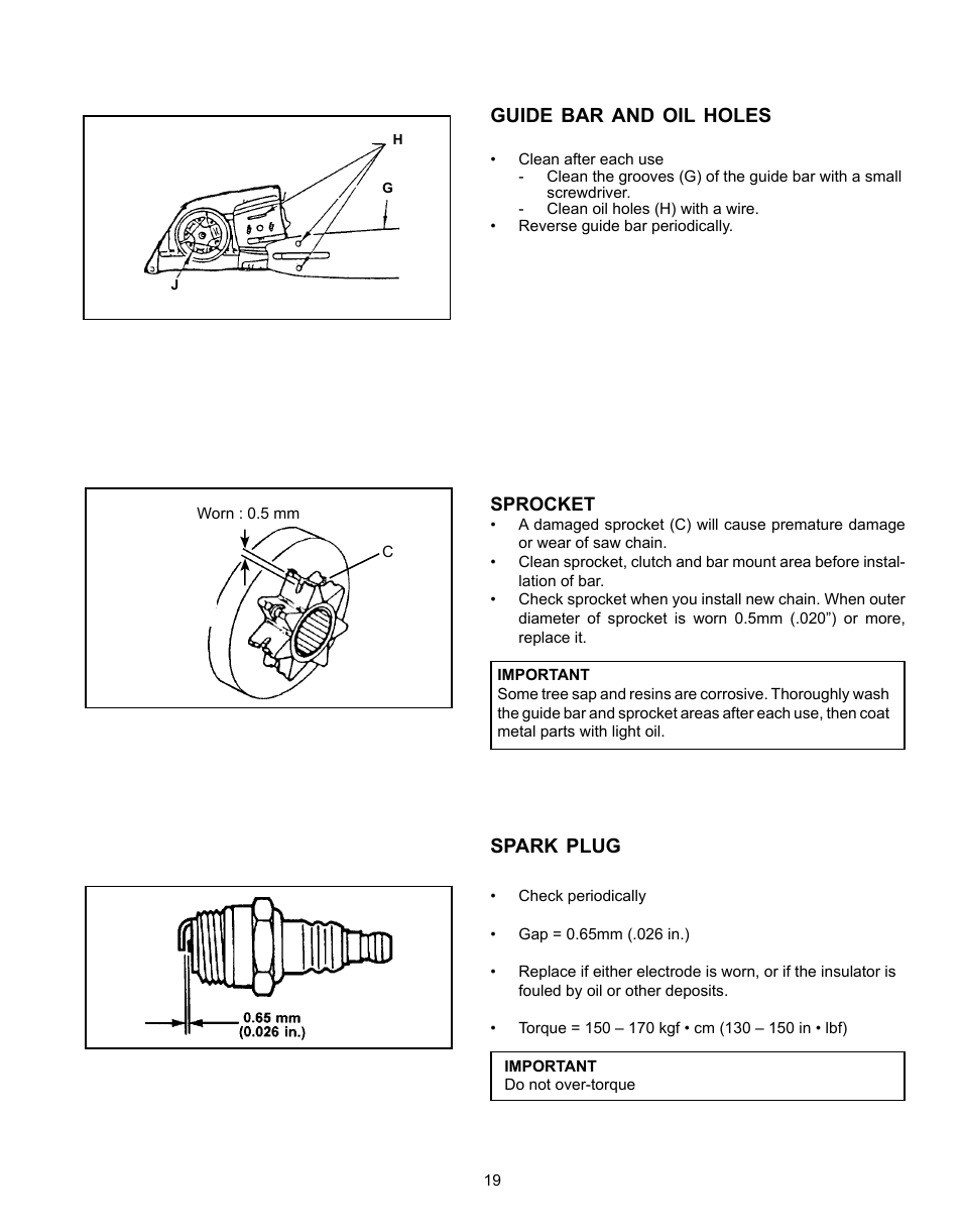 Guide bar and oil holes, Spark plug | Echo CS-341 User Manual | Page 19 / 32