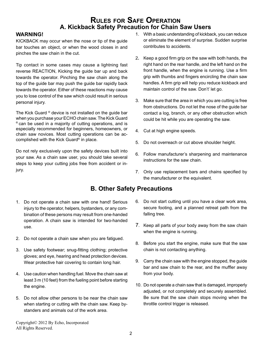 Rules for safe operation | Echo CS-341 User Manual | Page 2 / 32