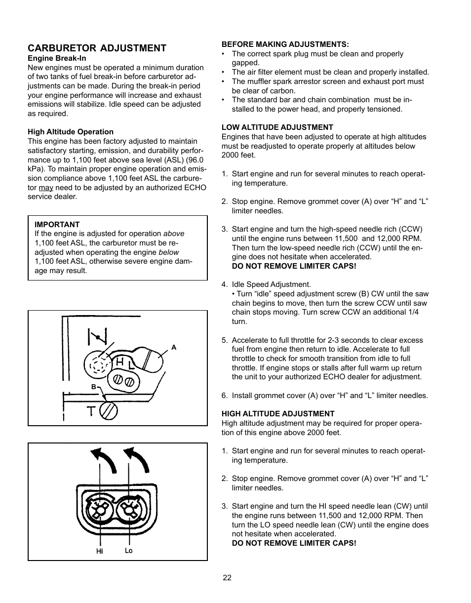 Carburetor adjustment, Carburetor, Adjustment | Echo CS-341 User Manual | Page 22 / 32