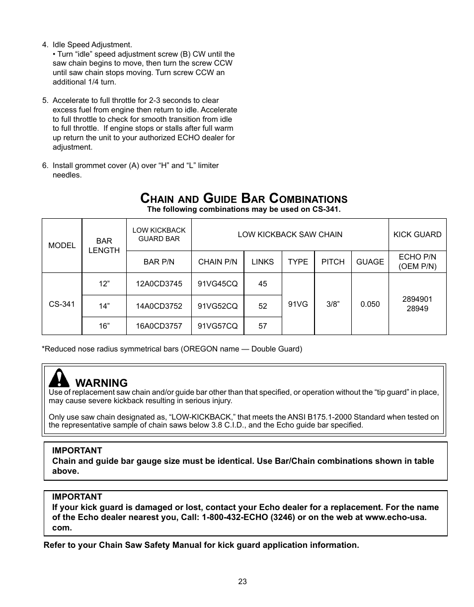 Chain and guide bar combinations, Warning | Echo CS-341 User Manual | Page 23 / 32