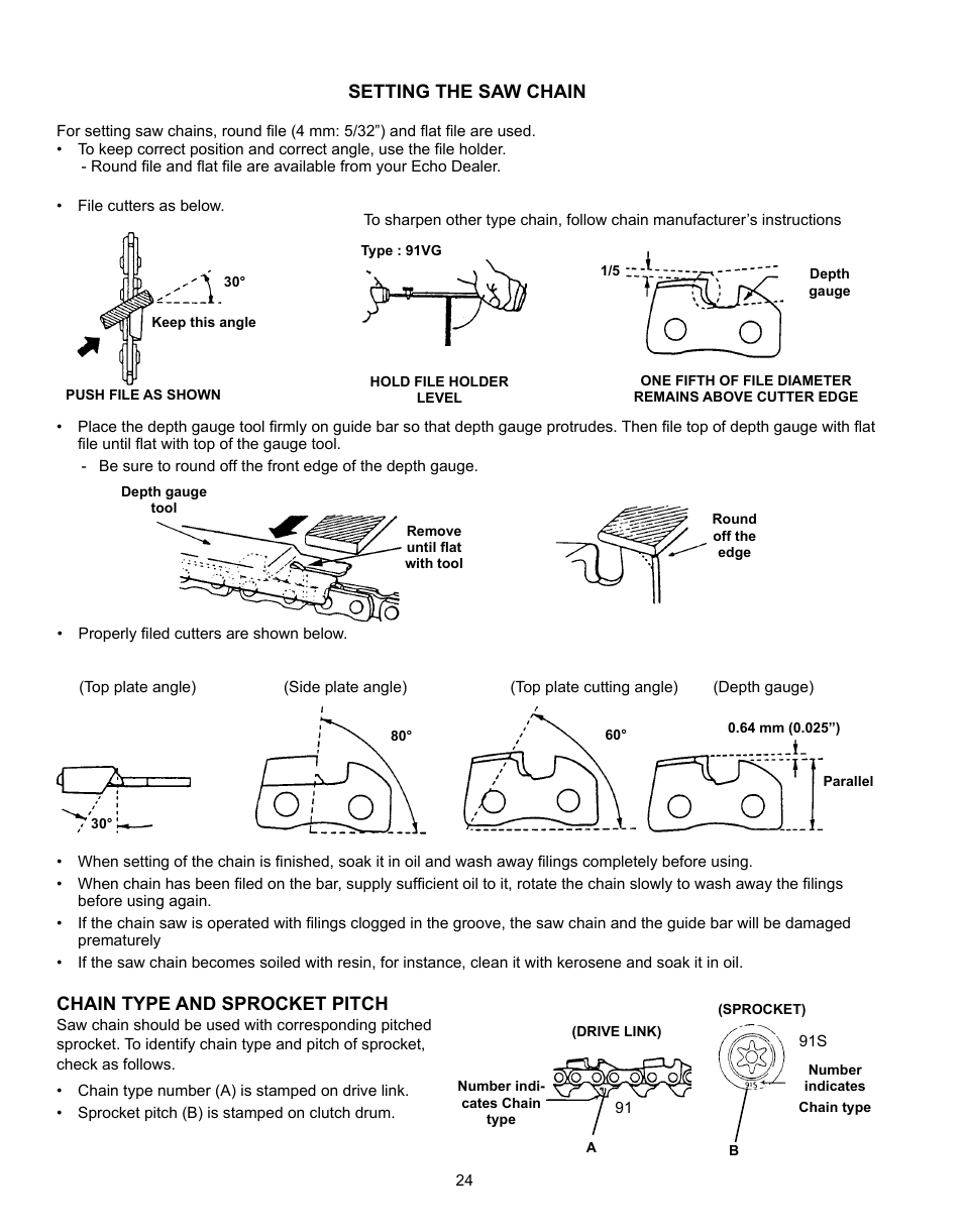 Setting the saw chain, Chain type and sprocket pitch | Echo CS-341 User Manual | Page 24 / 32