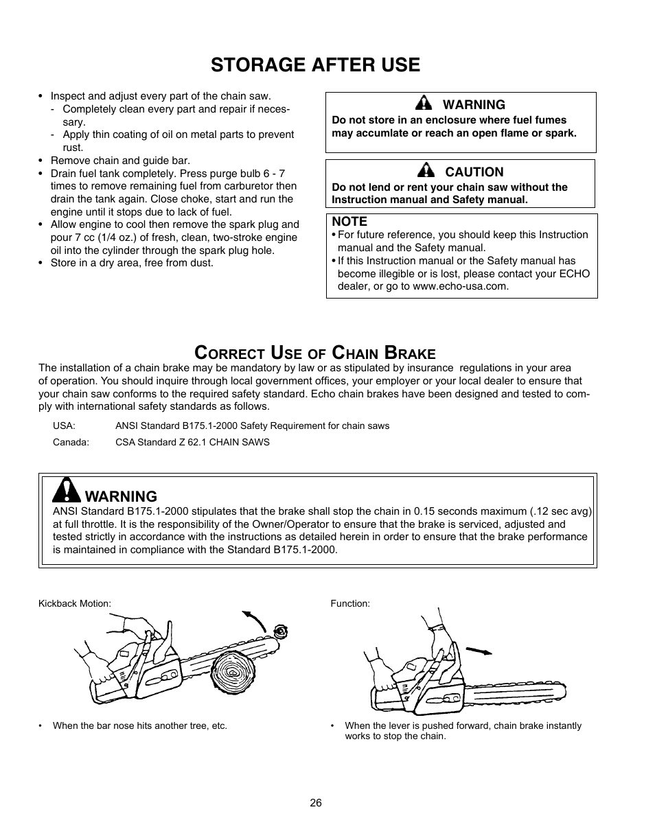 Storage after use, Correct use of chain brake, Warning | Echo CS-341 User Manual | Page 26 / 32