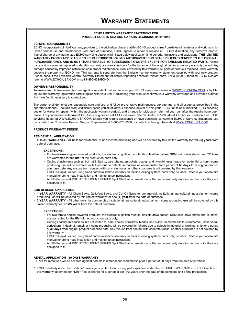 Warranty statements, Arranty, Tatements | Echo CS-341 User Manual | Page 28 / 32