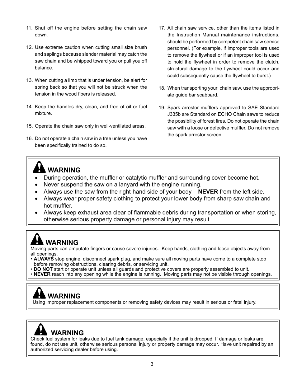 Warning | Echo CS-341 User Manual | Page 3 / 32