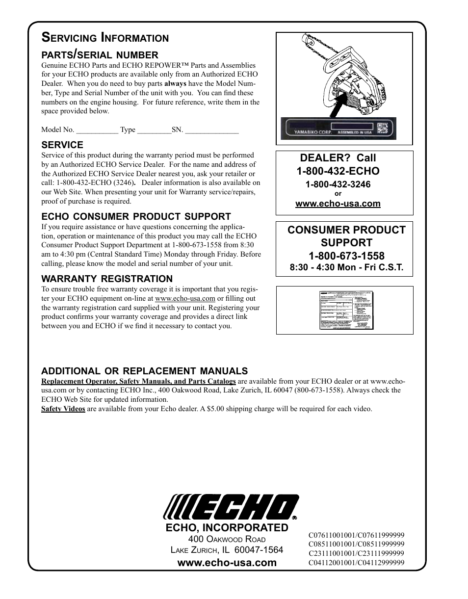 Servicing information | Echo CS-341 User Manual | Page 32 / 32