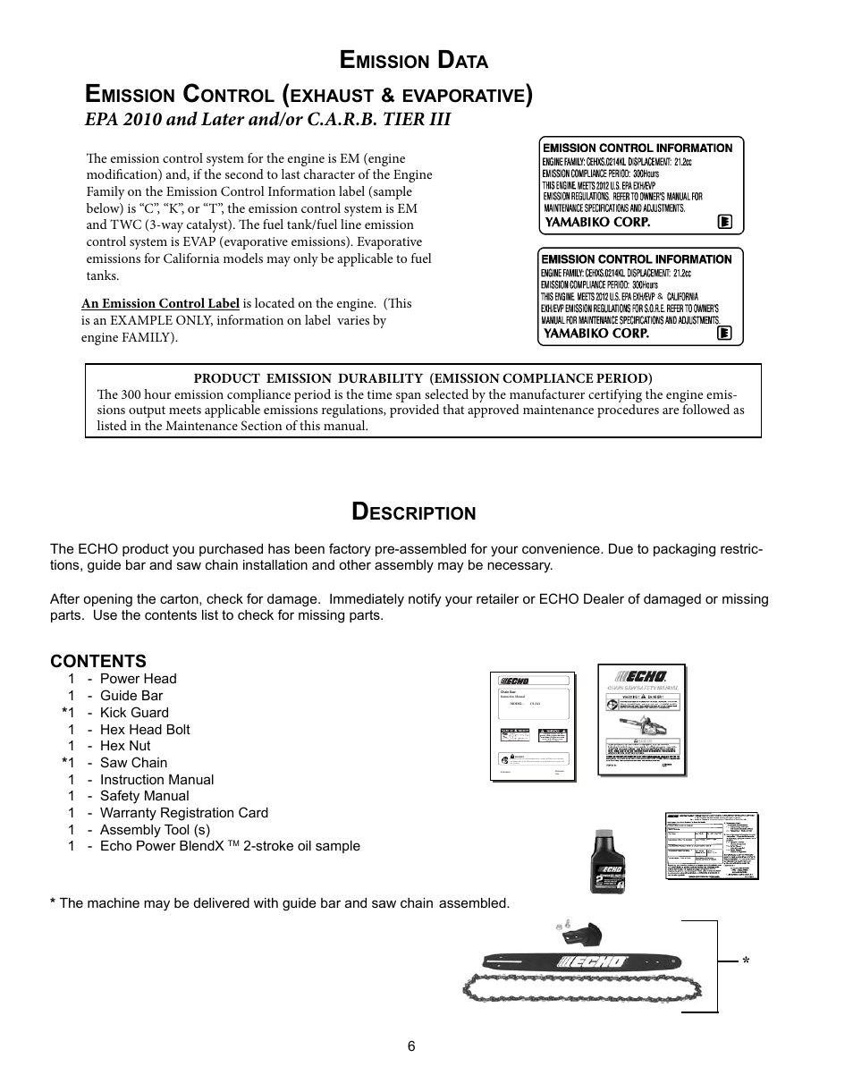 Emission data, Description, Emission control (exhaust & evaporative) | Epa 2010 and later and/or c.a.r.b. tier iii | Echo CS-341 User Manual | Page 6 / 32