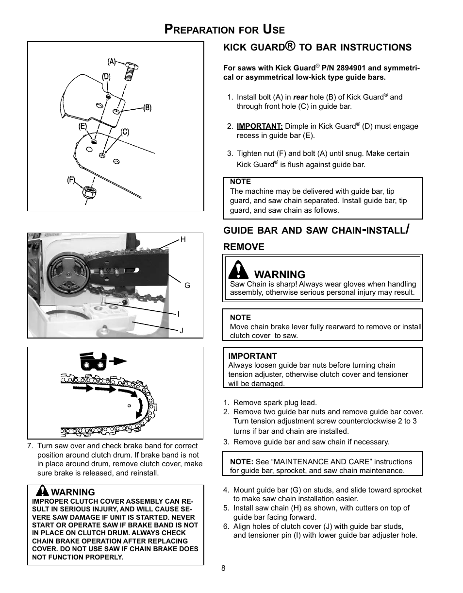 Preparation for use, Kick guard® to bar instructions, Guide bar and saw chain-install/remove | Warning | Echo CS-341 User Manual | Page 8 / 32