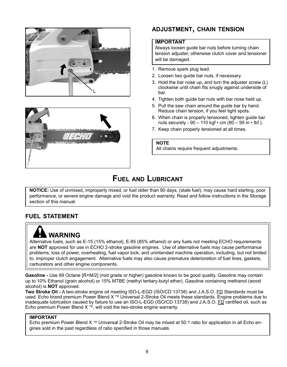 Adjustment, chain tension, Fuel and lubricant, Fuel statement | Warning | Echo CS-341 User Manual | Page 9 / 32