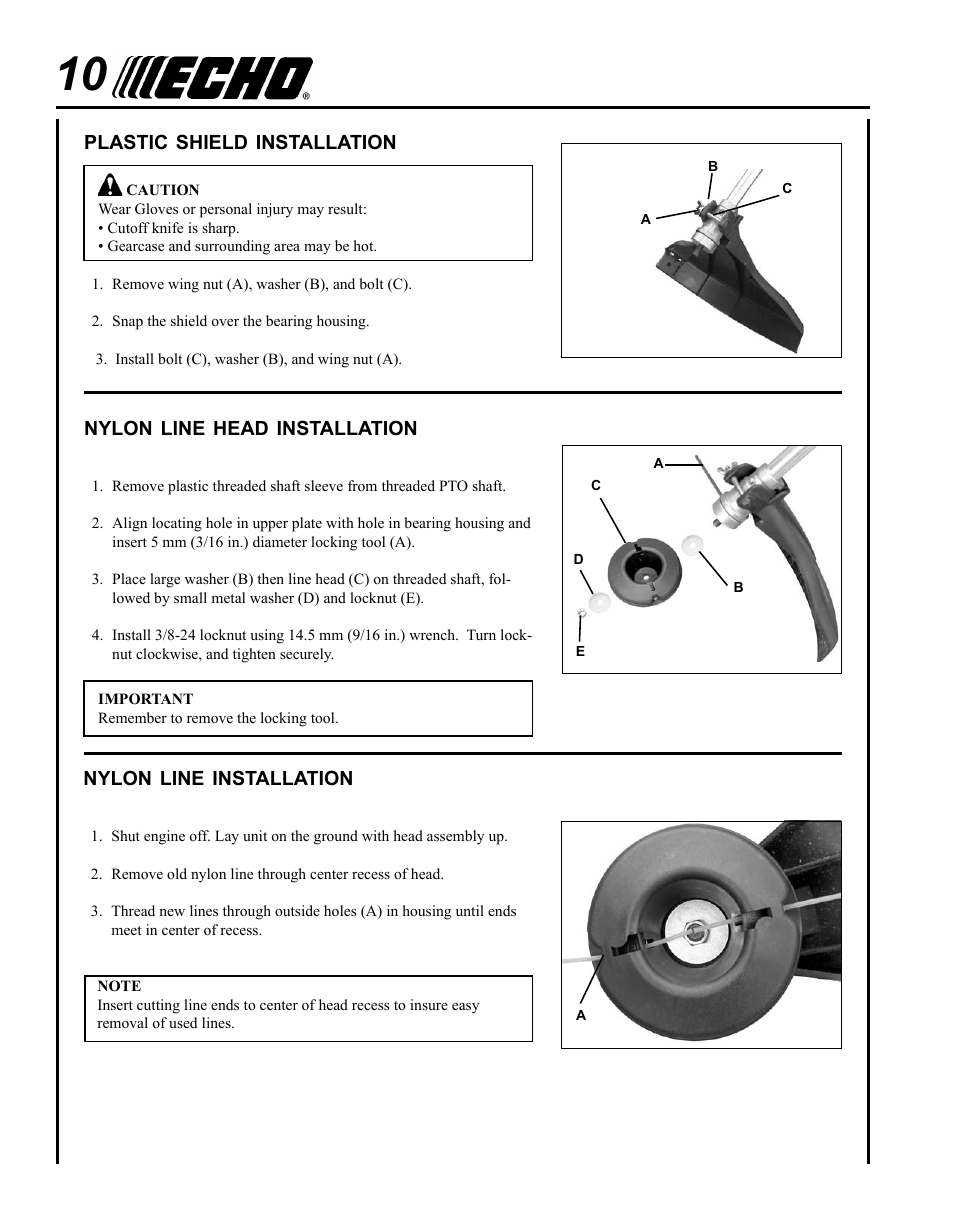 Plastic shield installation, Nylon line head installation, Nylon line installation | Echo GT-225i User Manual | Page 10 / 28