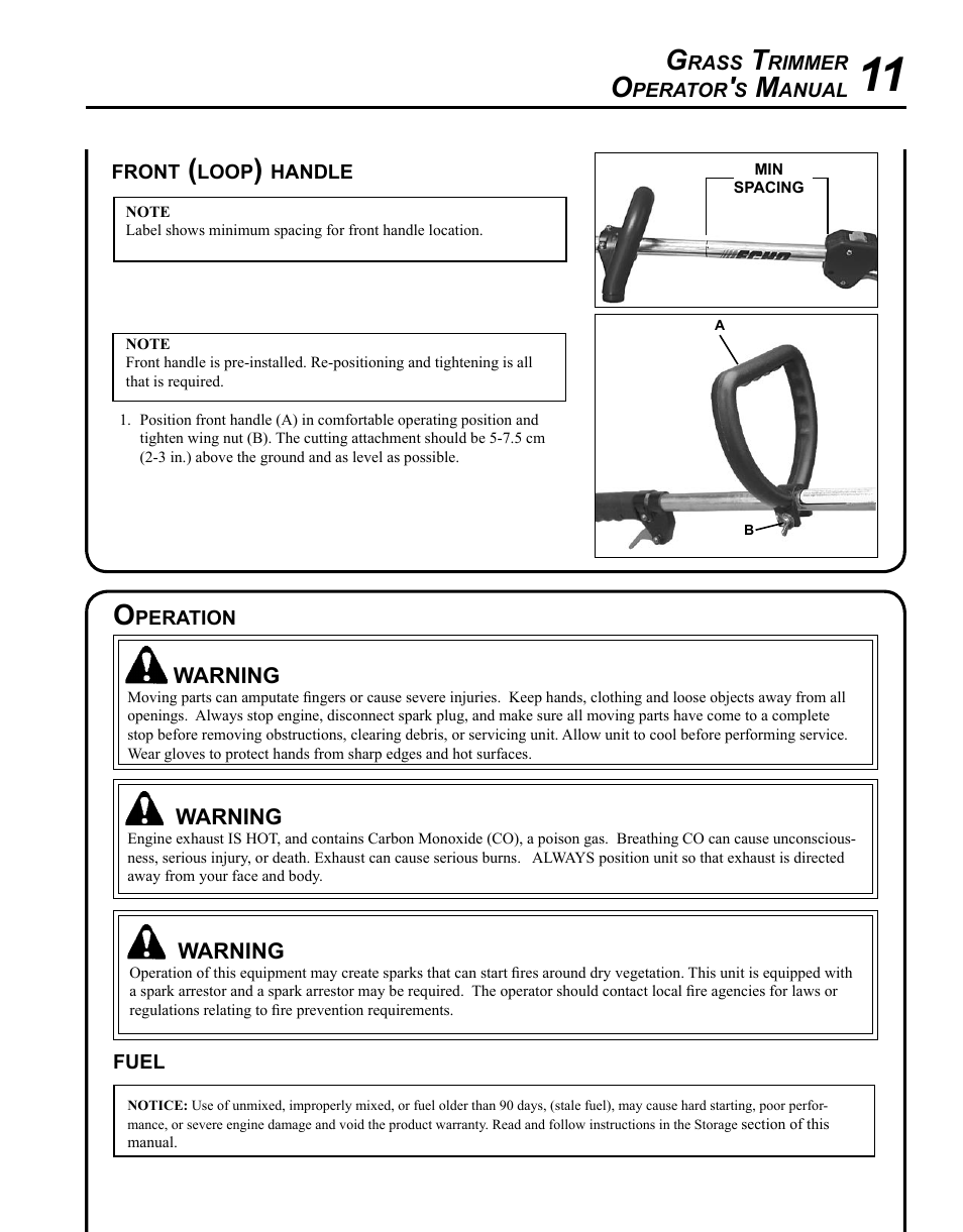 Front (loop) handle, Operation, Fuel | Echo GT-225i User Manual | Page 11 / 28