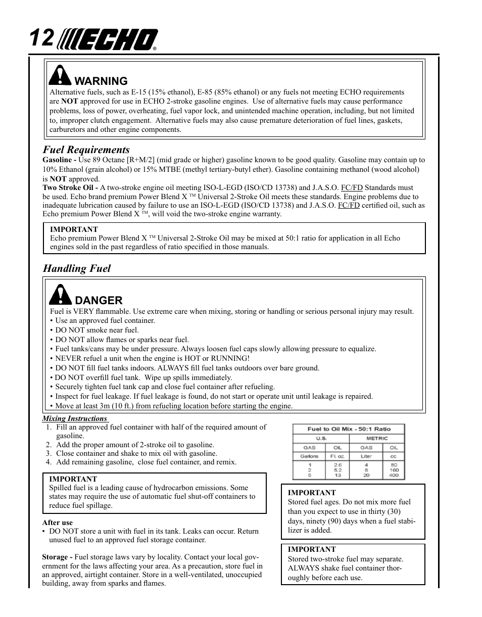 Handling fuel, Danger, Warning | Fuel requirements | Echo GT-225i User Manual | Page 12 / 28