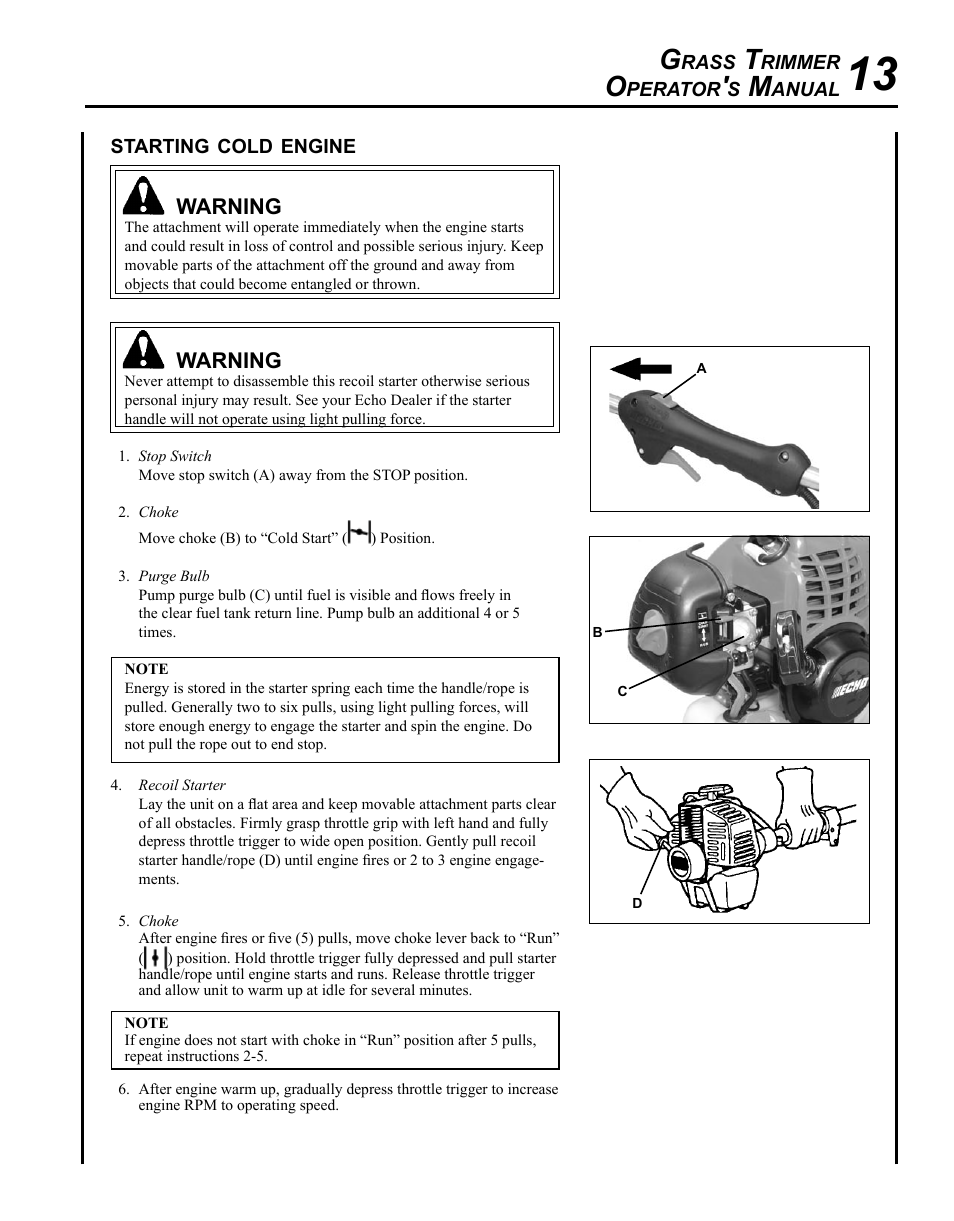 Starting cold engine | Echo GT-225i User Manual | Page 13 / 28