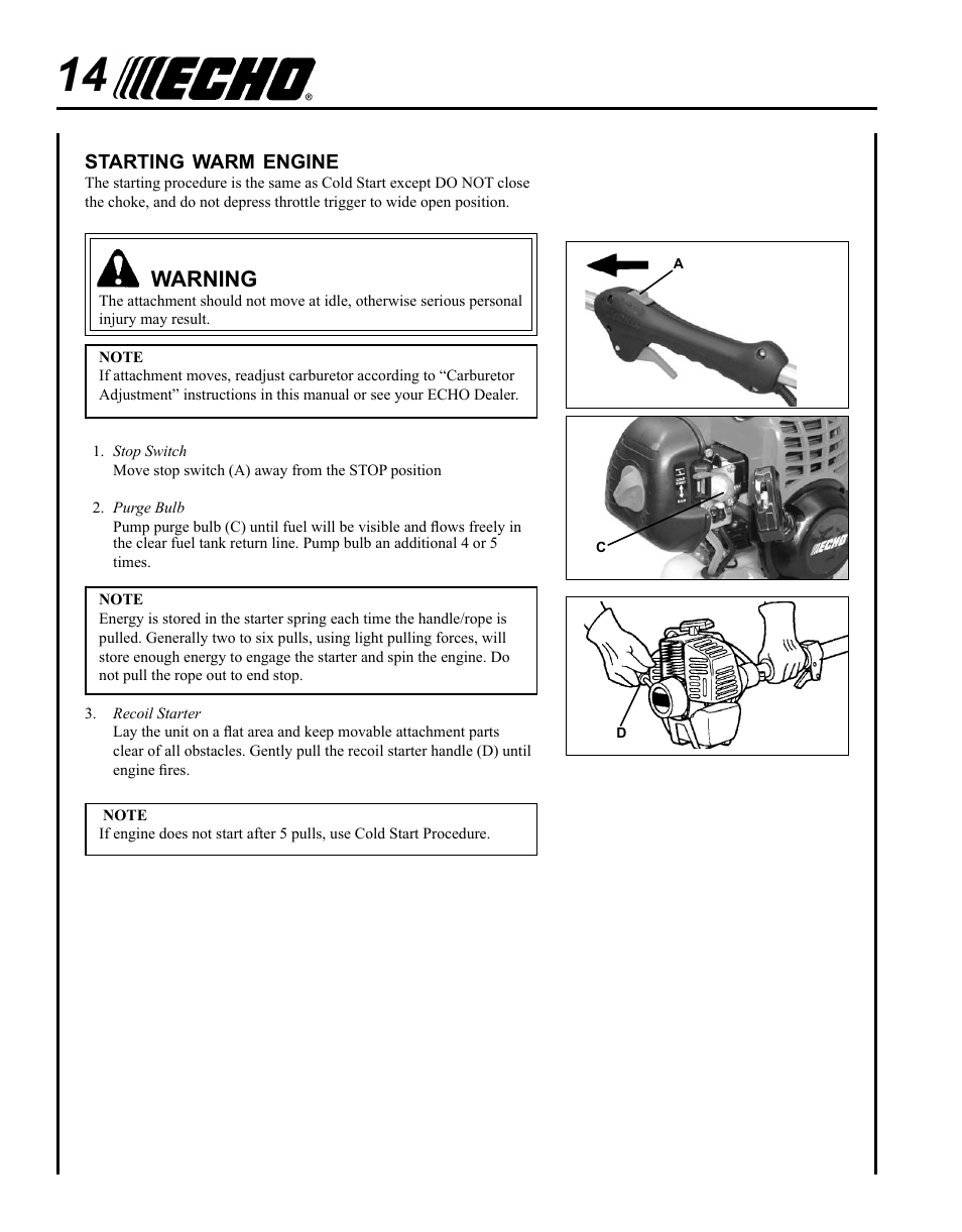 Starting warm engine, Warning | Echo GT-225i User Manual | Page 14 / 28