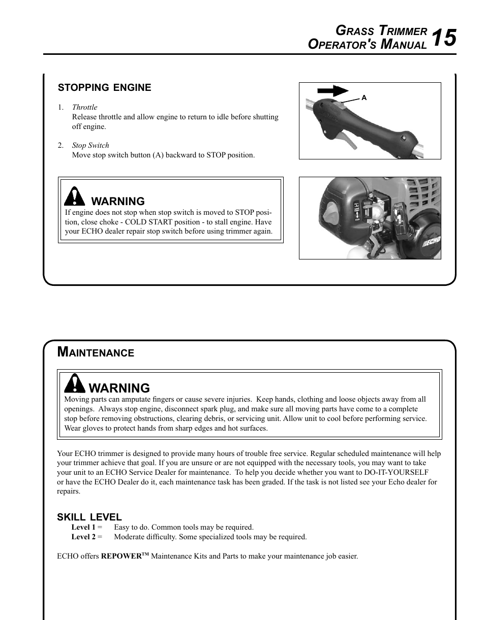 Stopping engine, Maintenance, Warning | Echo GT-225i User Manual | Page 15 / 28