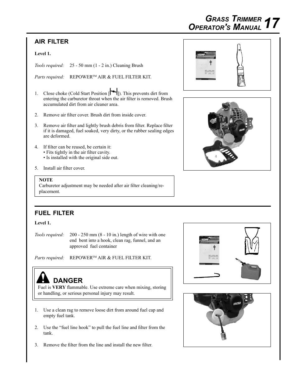 Air filter, Fuel filter | Echo GT-225i User Manual | Page 17 / 28