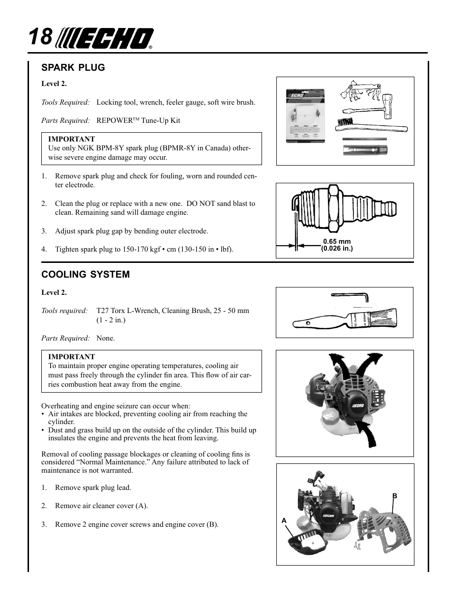 Spark plug, Cooling system | Echo GT-225i User Manual | Page 18 / 28