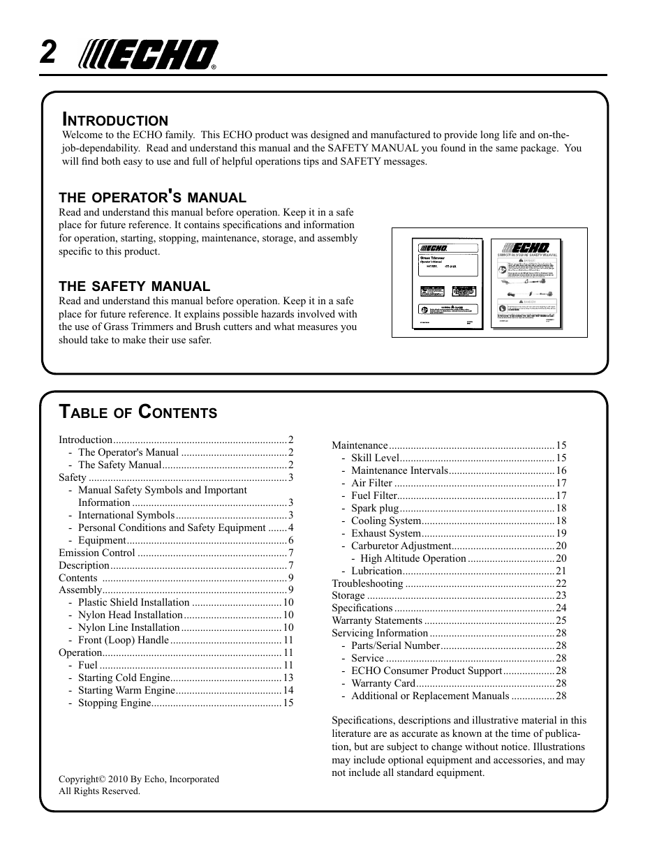 Echo GT-225i User Manual | Page 2 / 28