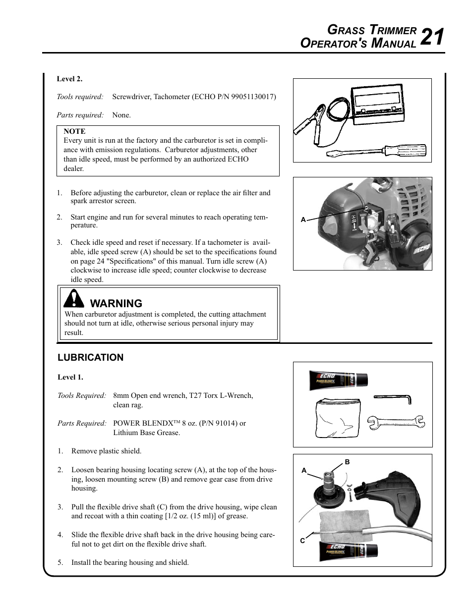 Lubrication, Warning | Echo GT-225i User Manual | Page 21 / 28