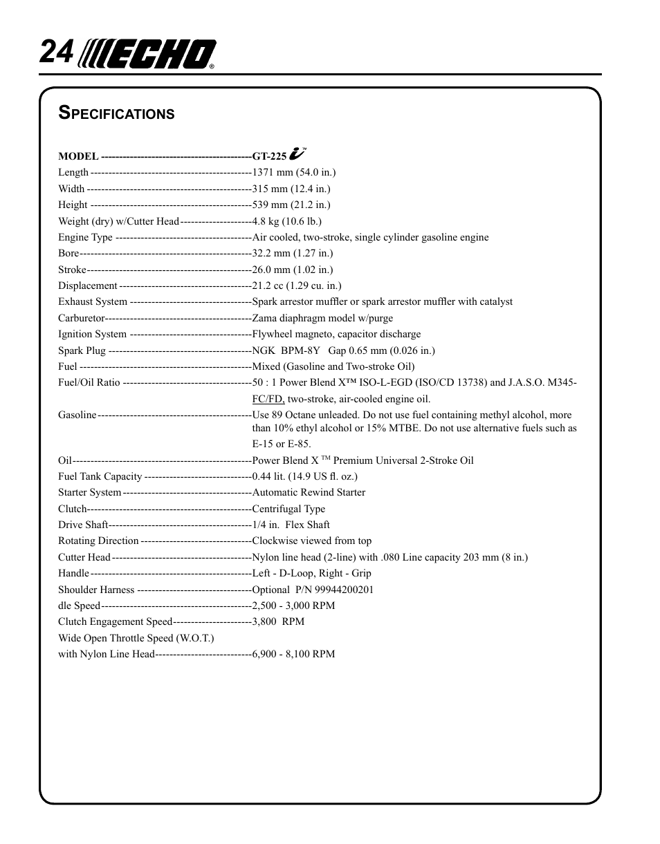 Specifications | Echo GT-225i User Manual | Page 24 / 28