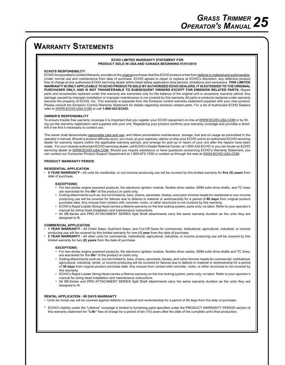 Warranty statements, Rass, Rimmer | Perator, Anual, Arranty, Tatements | Echo GT-225i User Manual | Page 25 / 28