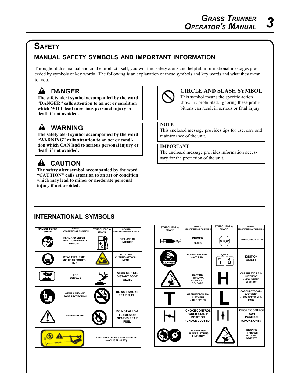 Safety, Caution, Warning | Danger, Rass, Rimmer, Perator, Anual, International, Symbols | Echo GT-225i User Manual | Page 3 / 28