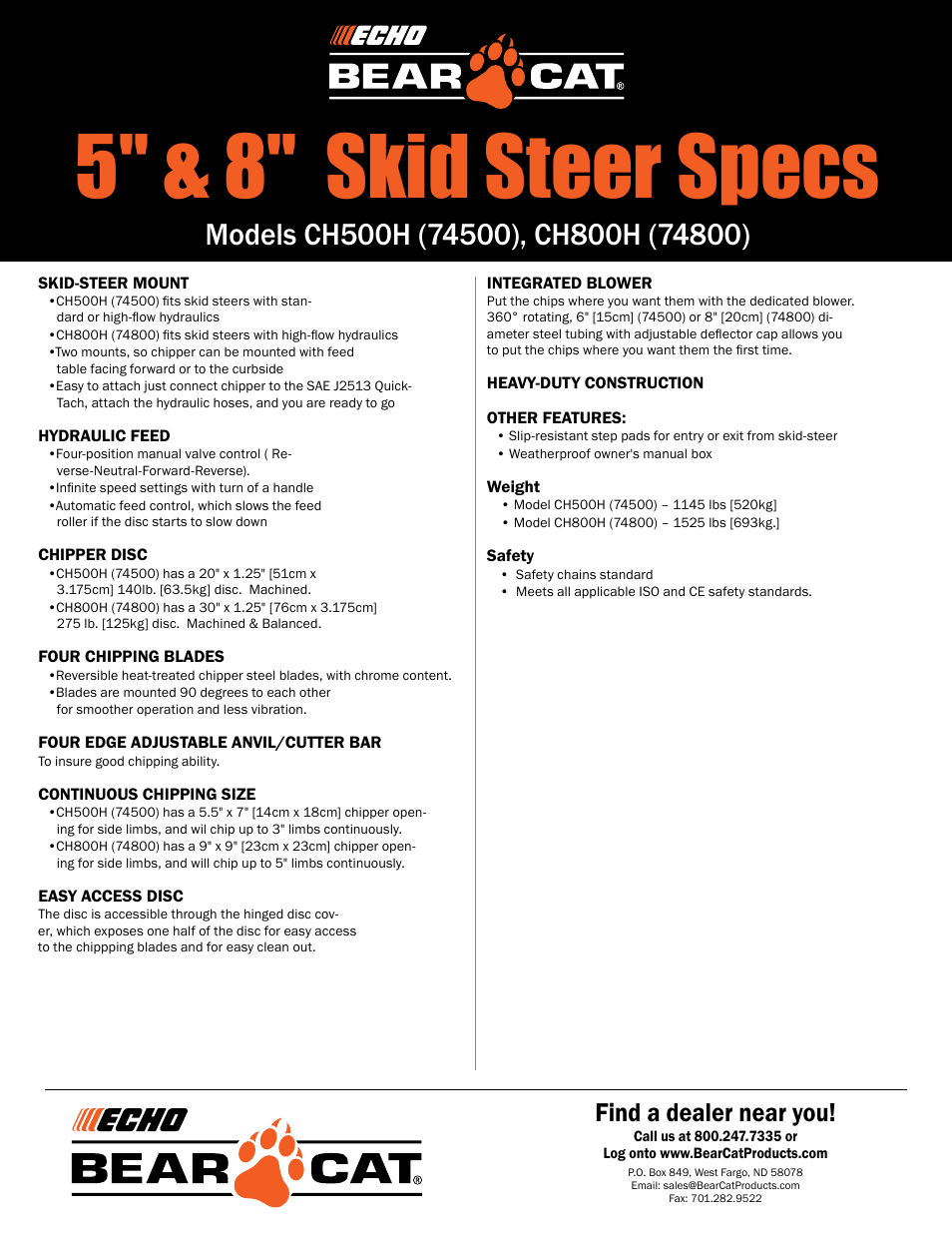 5" & 8" skid steer specs, Find a dealer near you | Echo Bear Cat CH500H(74500) User Manual | Page 2 / 2