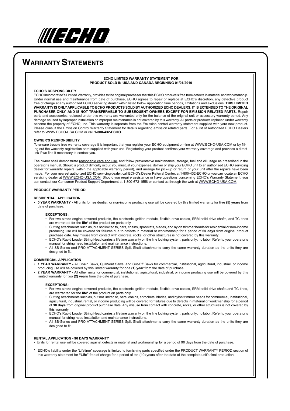 Arranty, Tatements | Echo PB-410 User Manual | Page 24 / 28