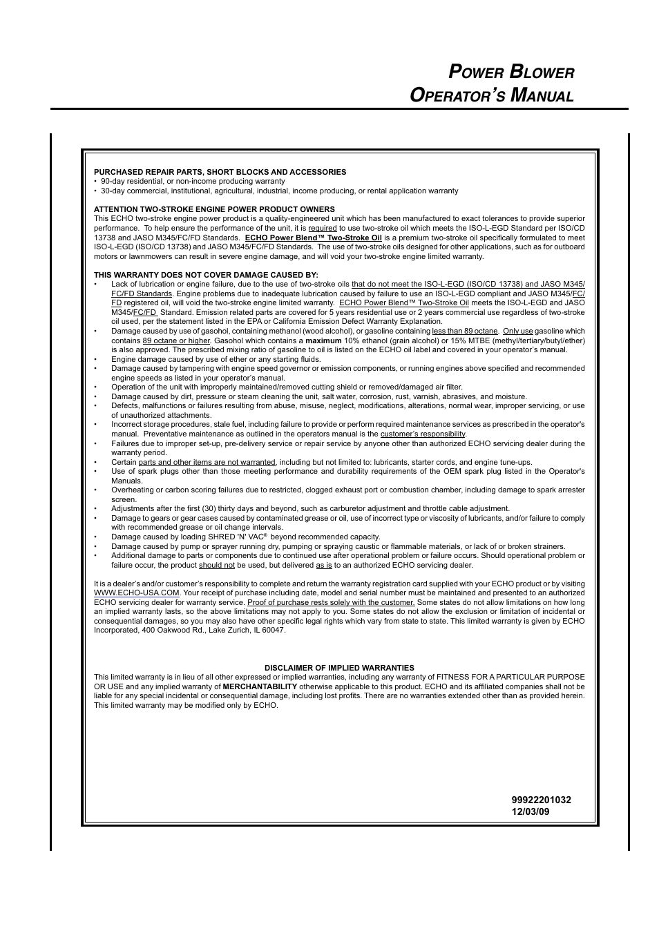 Ower, Lower, Perator | Anual | Echo PB-410 User Manual | Page 25 / 28
