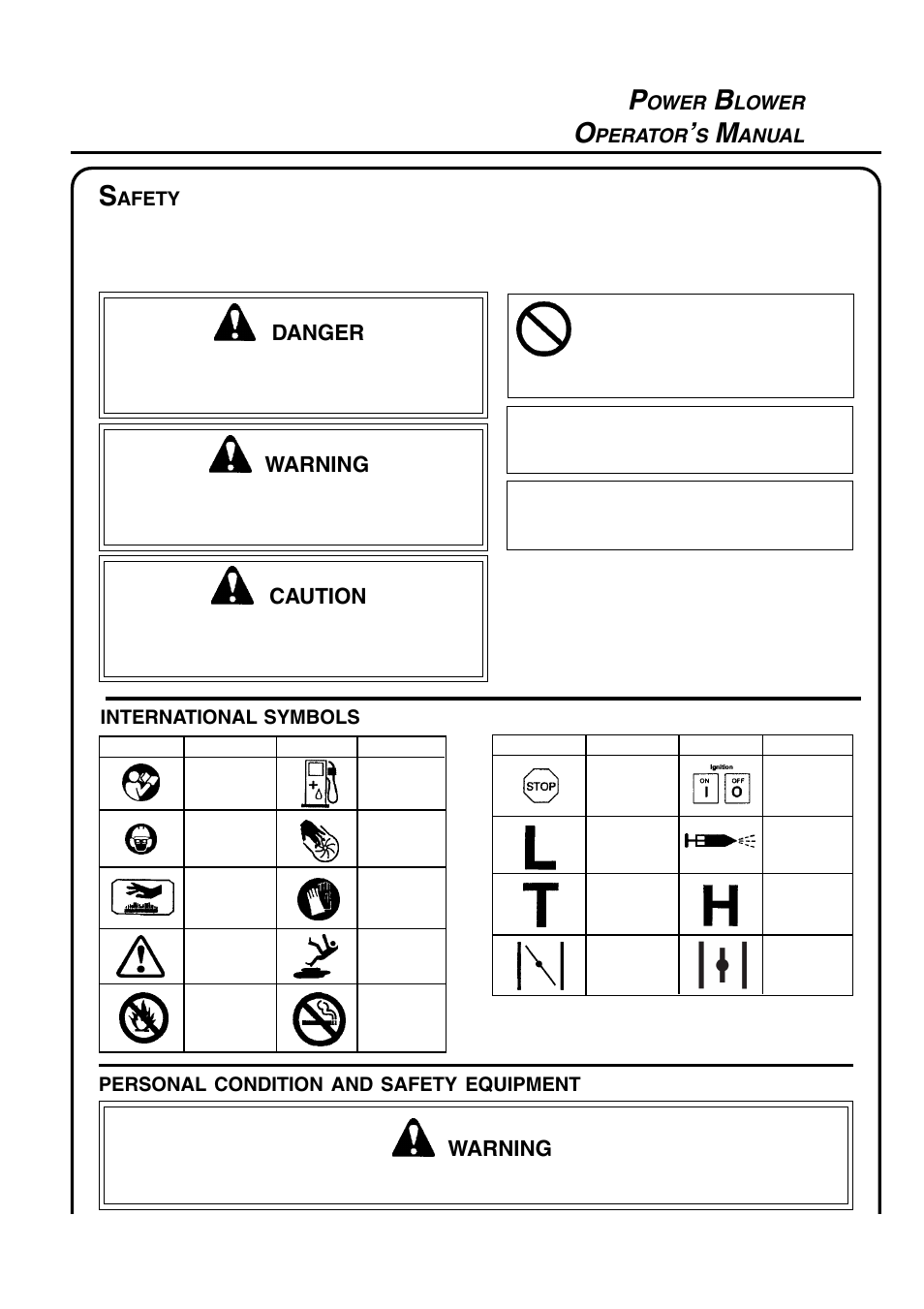 Danger, Warning, Caution | Ower, Lower, Perator, Anual manual, Safety, Symbols, Important | Echo PB-410 User Manual | Page 3 / 28
