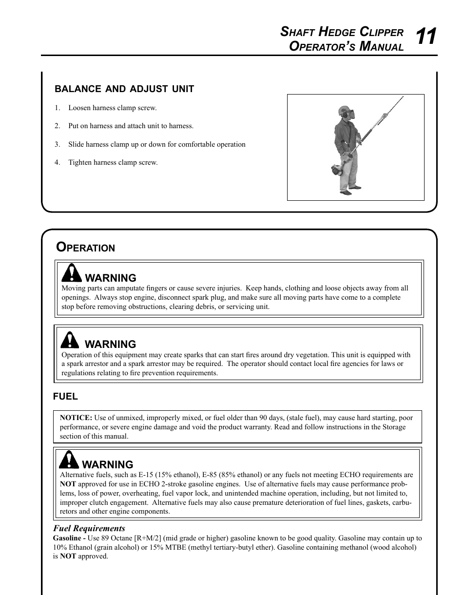 Balance and adjust unit, Operation, Fuel | Echo HCA-265 User Manual | Page 11 / 32