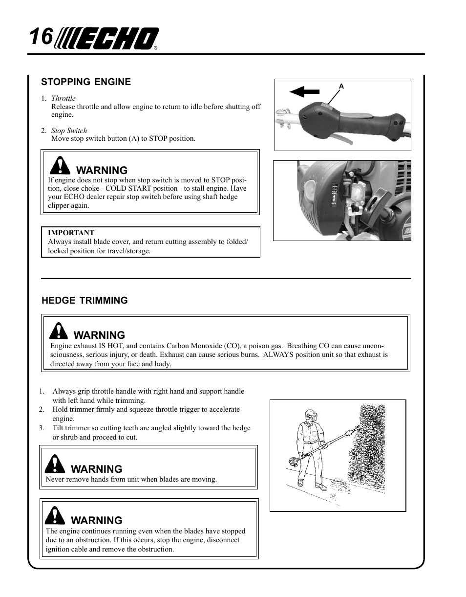 Stopping engine, Hedge trimming, Warning | Echo HCA-265 User Manual | Page 16 / 32