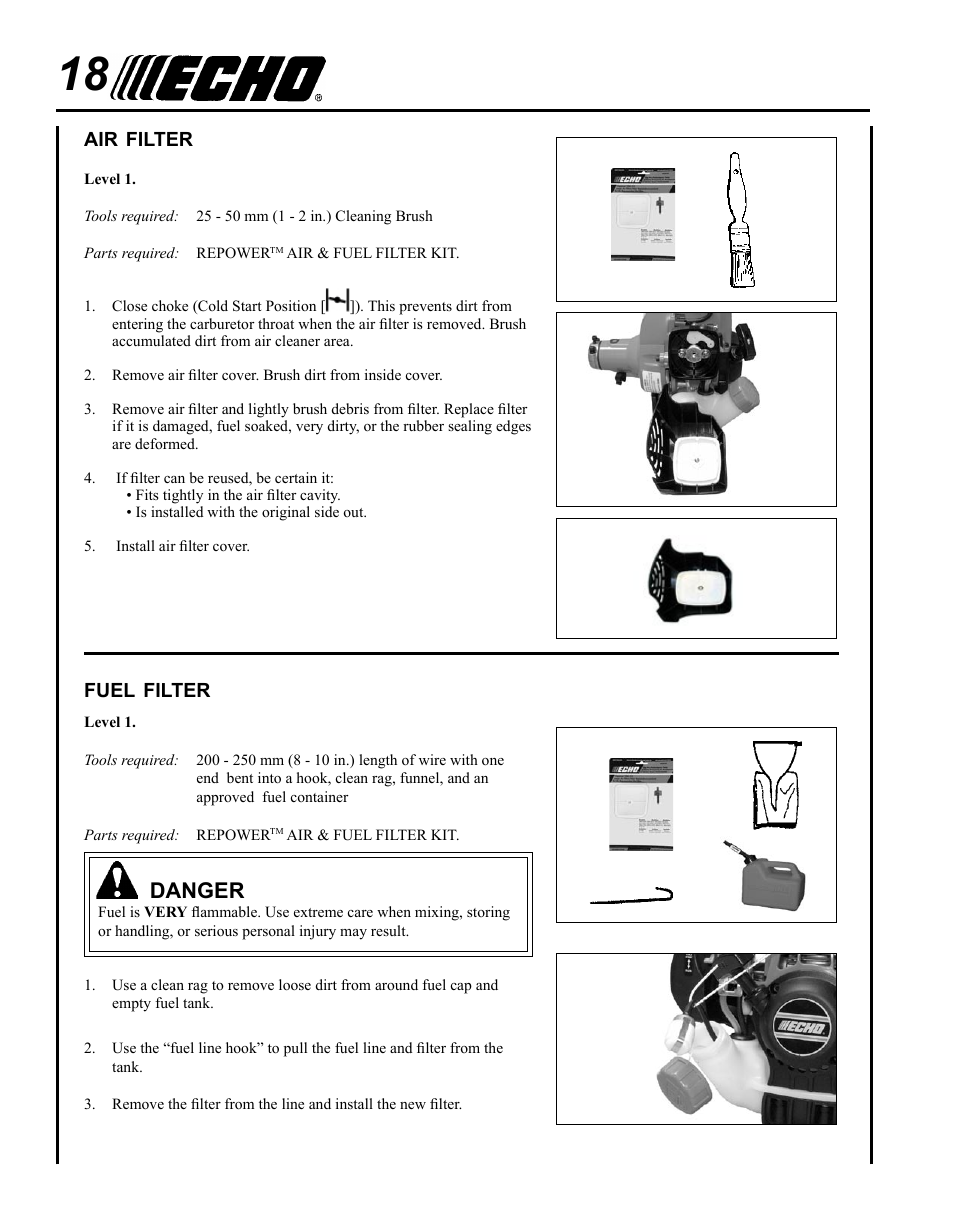 Air filter, Fuel filter, Danger | Echo HCA-265 User Manual | Page 18 / 32