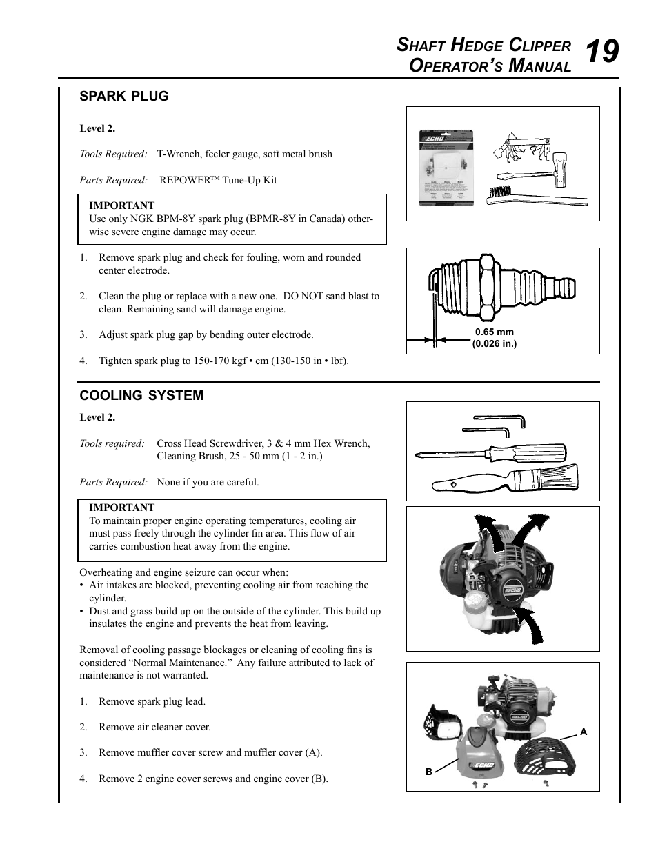 Spark plug, Cooling system | Echo HCA-265 User Manual | Page 19 / 32