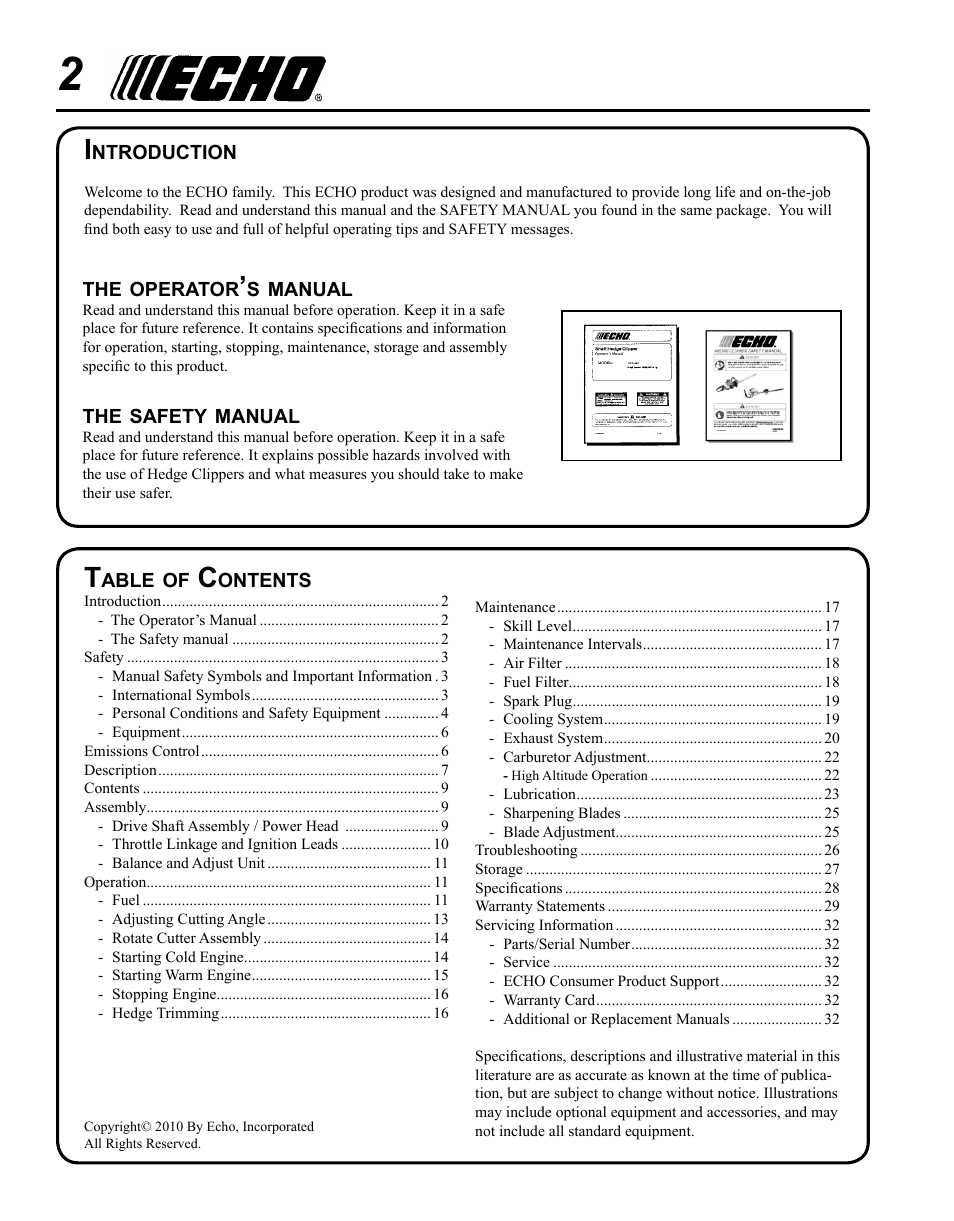 Echo HCA-265 User Manual | Page 2 / 32