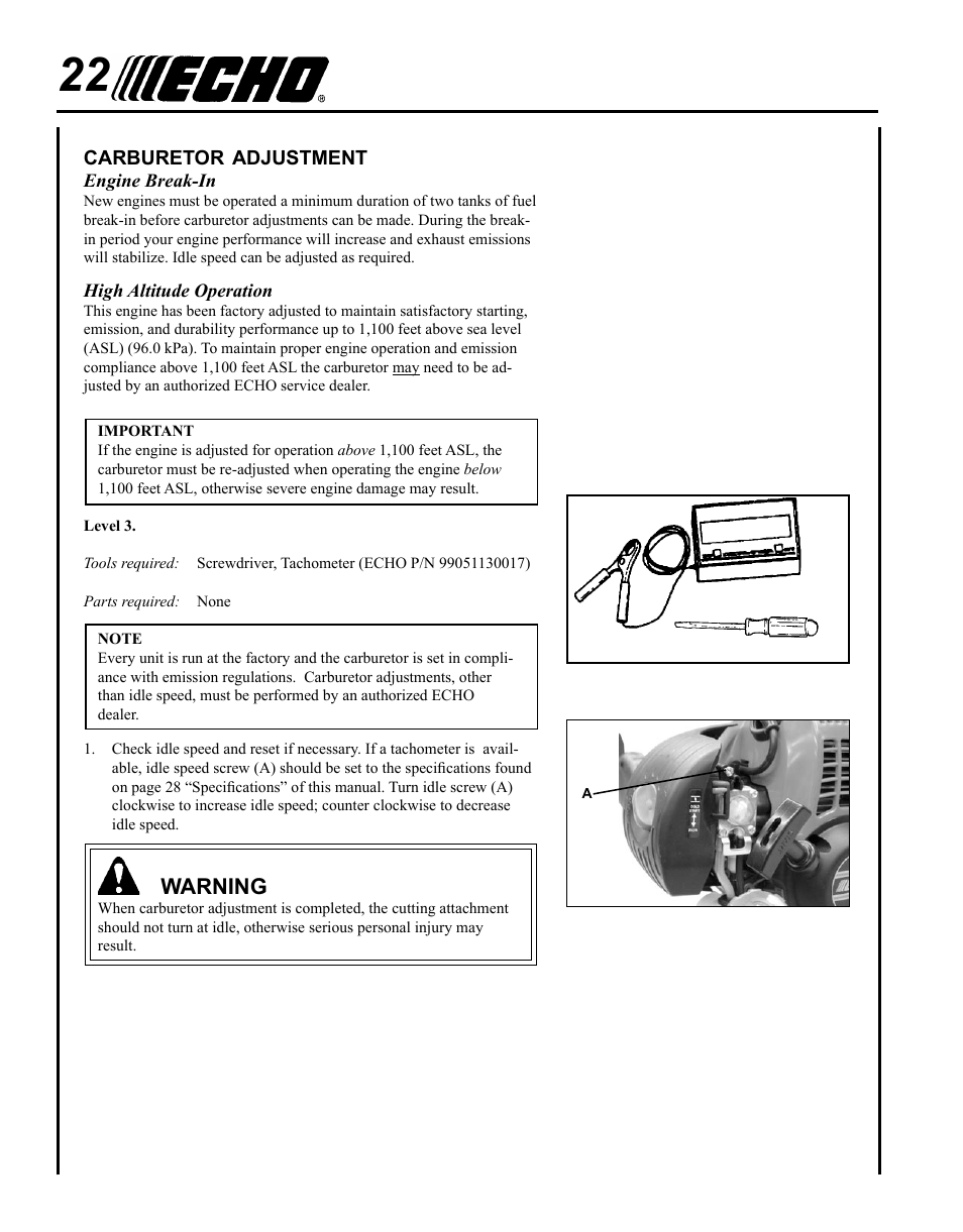 Carburetor adjustment, Warning | Echo HCA-265 User Manual | Page 22 / 32