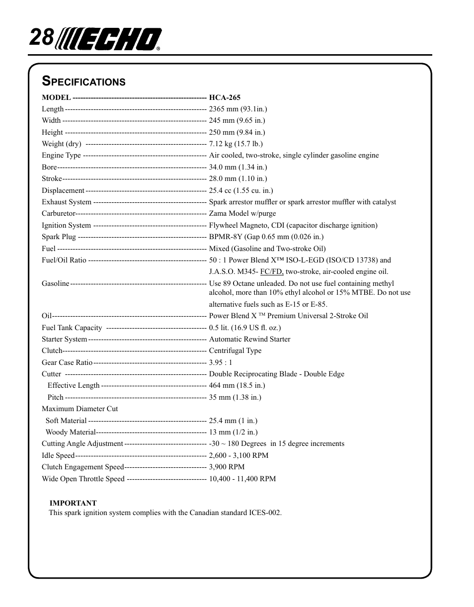 Specifications | Echo HCA-265 User Manual | Page 28 / 32