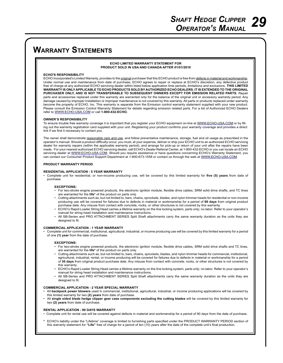 Warranty statements, Haft, Edge | Lipper, Perator, Anual, Arranty, Tatements | Echo HCA-265 User Manual | Page 29 / 32