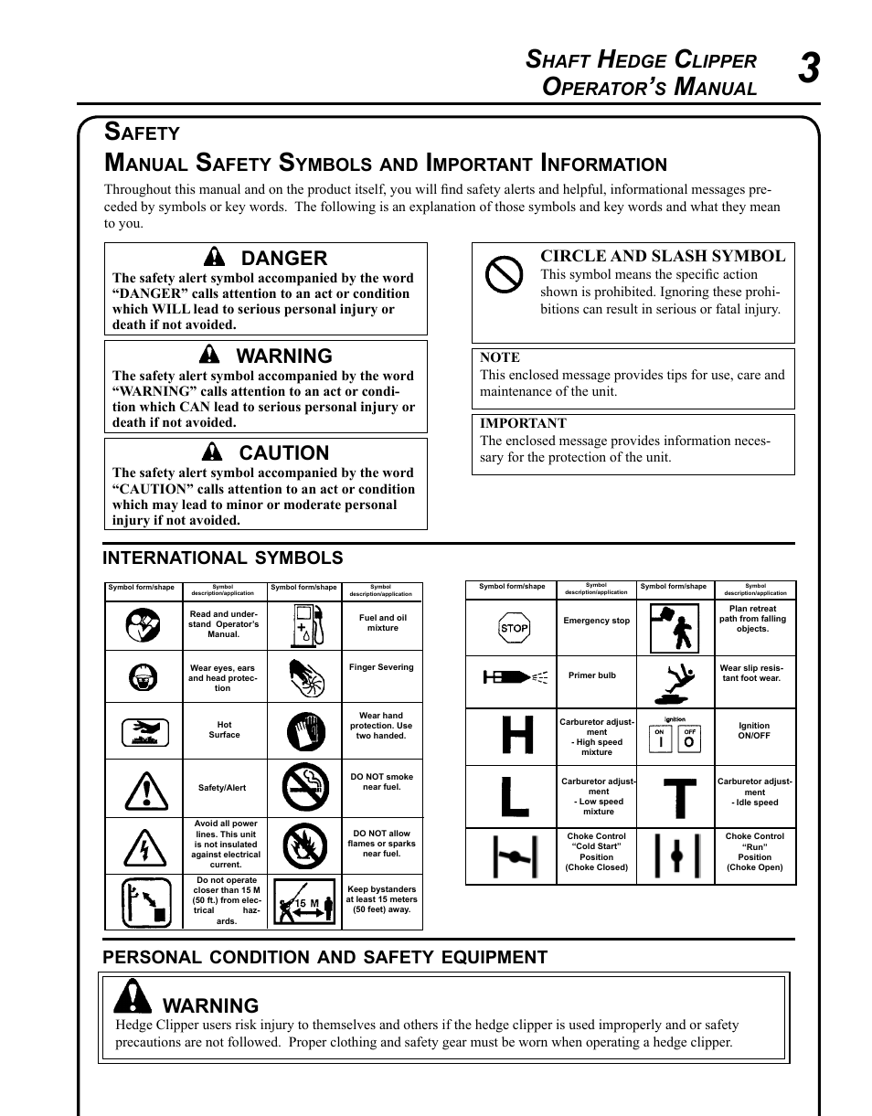 Safety, Warning, Caution | Danger, Haft, Edge, Lipper, Perator, Anual, International | Echo HCA-265 User Manual | Page 3 / 32