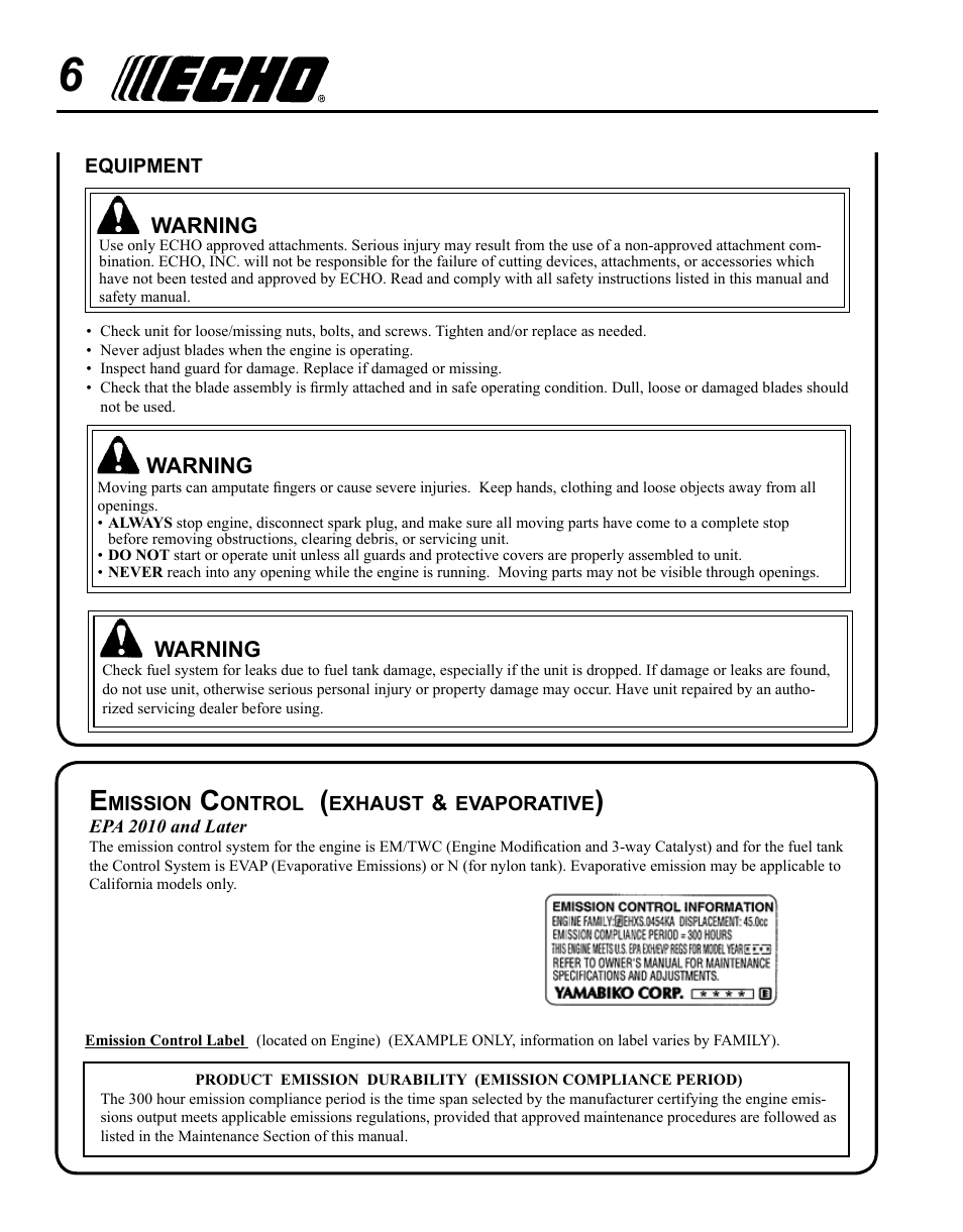 Emission control (exhaust & evaporative) | Echo HCA-265 User Manual | Page 6 / 32