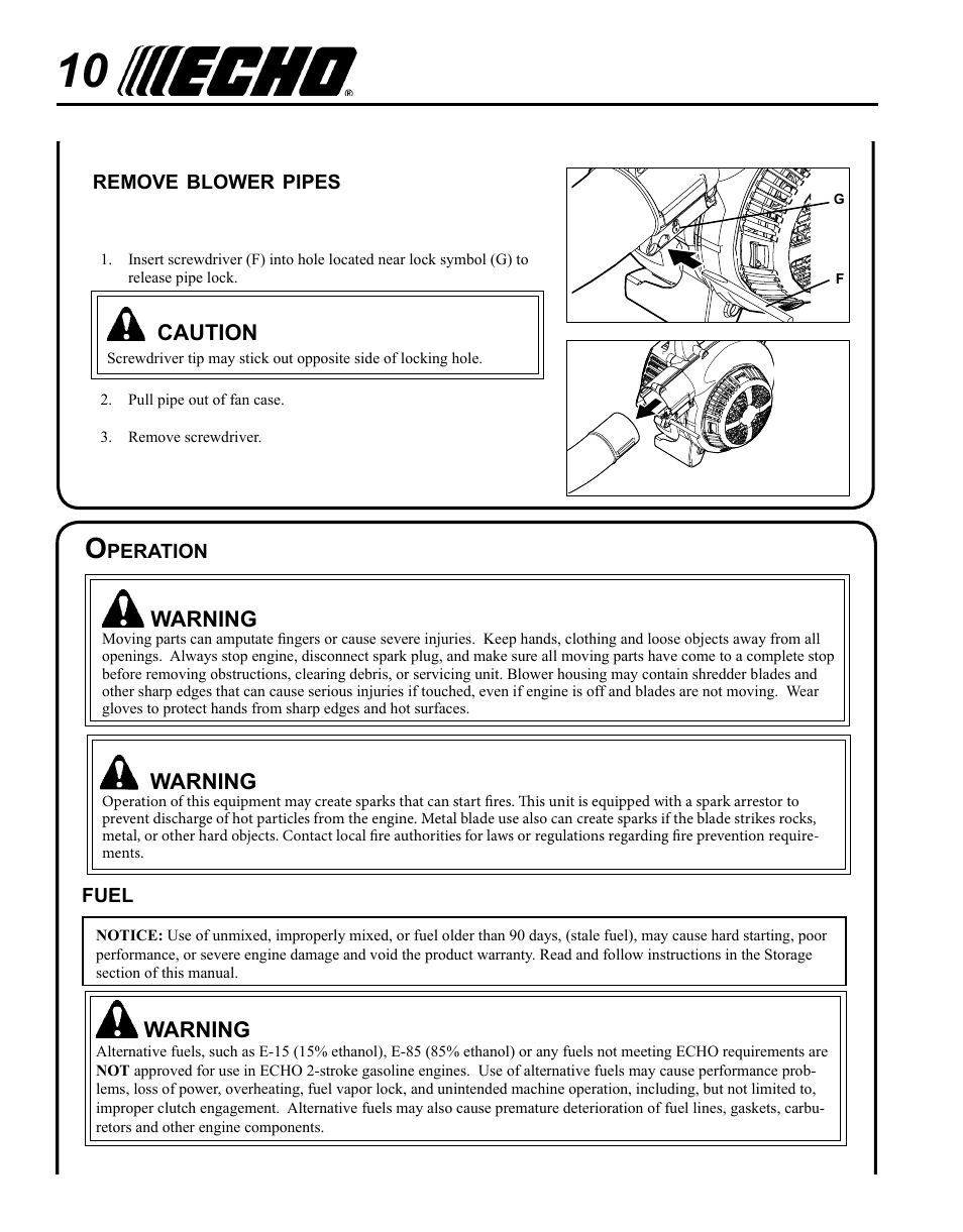 Remove blower pipes, Operation, Fuel | Echo PB-250 User Manual | Page 10 / 28