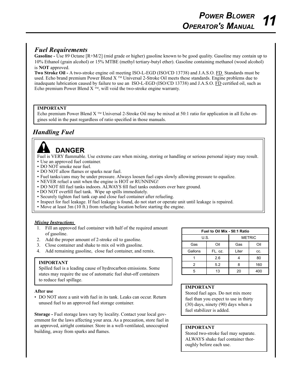 Handling fuel, Danger, Fuel requirements | Echo PB-250 User Manual | Page 11 / 28