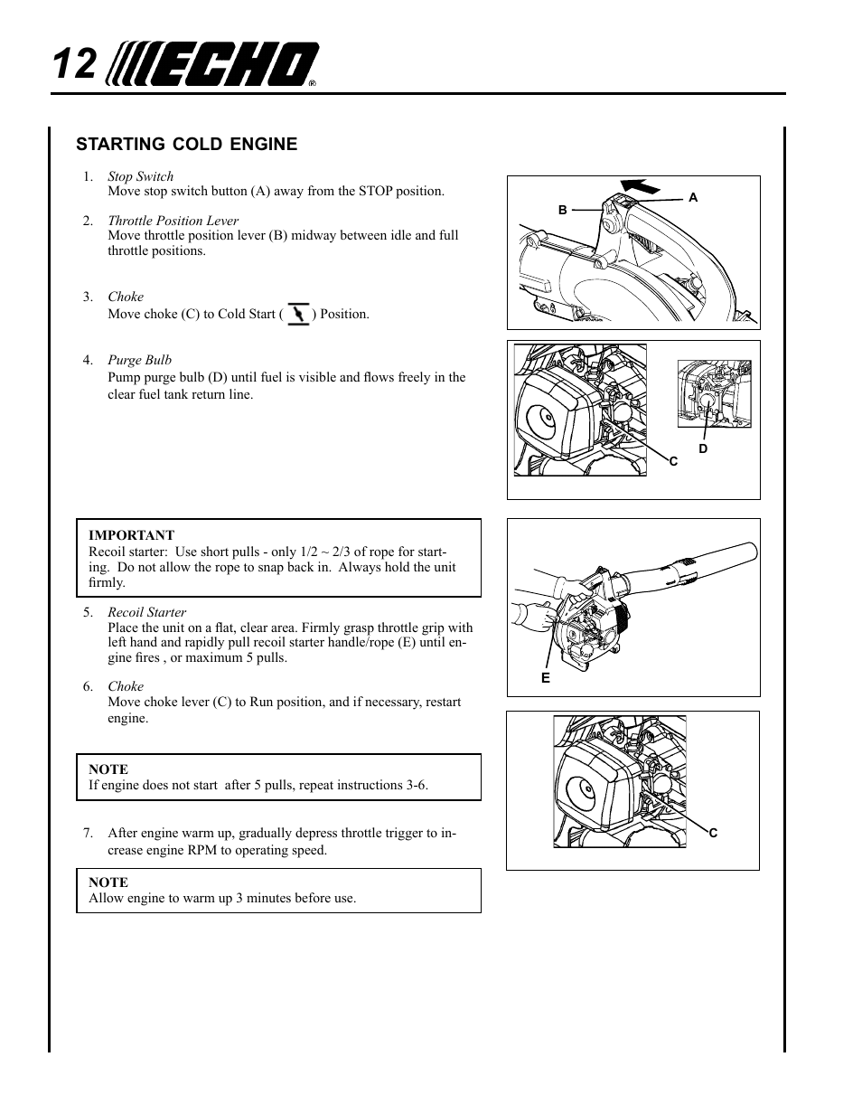 Starting cold engine | Echo PB-250 User Manual | Page 12 / 28
