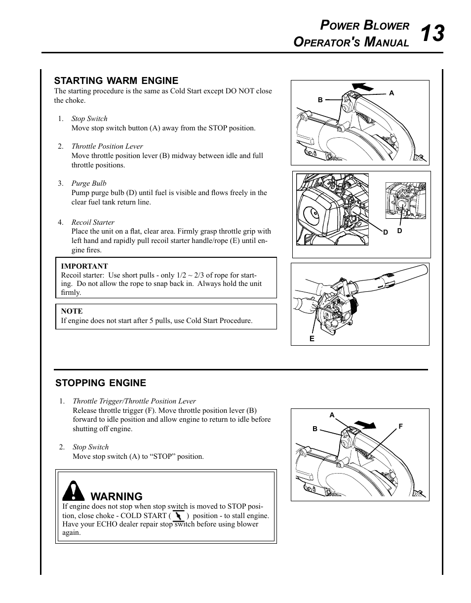 Starting warm engine, Stopping engine | Echo PB-250 User Manual | Page 13 / 28