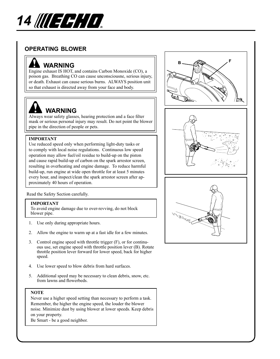 Operating blower, Warning | Echo PB-250 User Manual | Page 14 / 28
