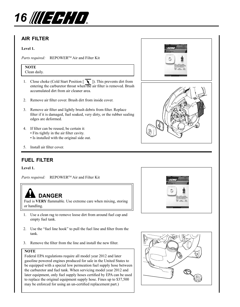 Air filter, Fuel filter, Danger | Echo PB-250 User Manual | Page 16 / 28