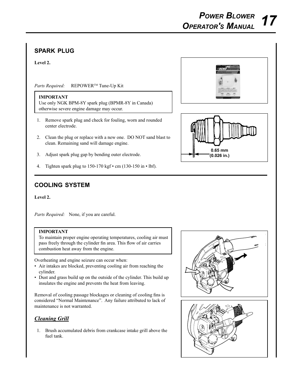 Spark plug, Cooling system | Echo PB-250 User Manual | Page 17 / 28